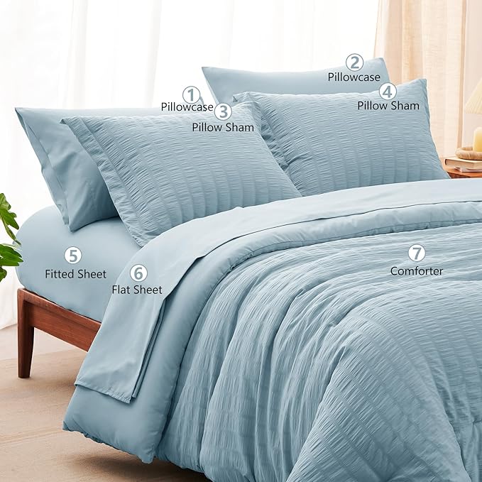 CozyLux Full Size Comforter Sets with Sheets Seersucker 7 Pieces Light Blue Bed in a Bag Textured Luxury Soft Bedding Set with Down Alternative Comforter, Sheets, Pillowcases & Shams for All Seasons