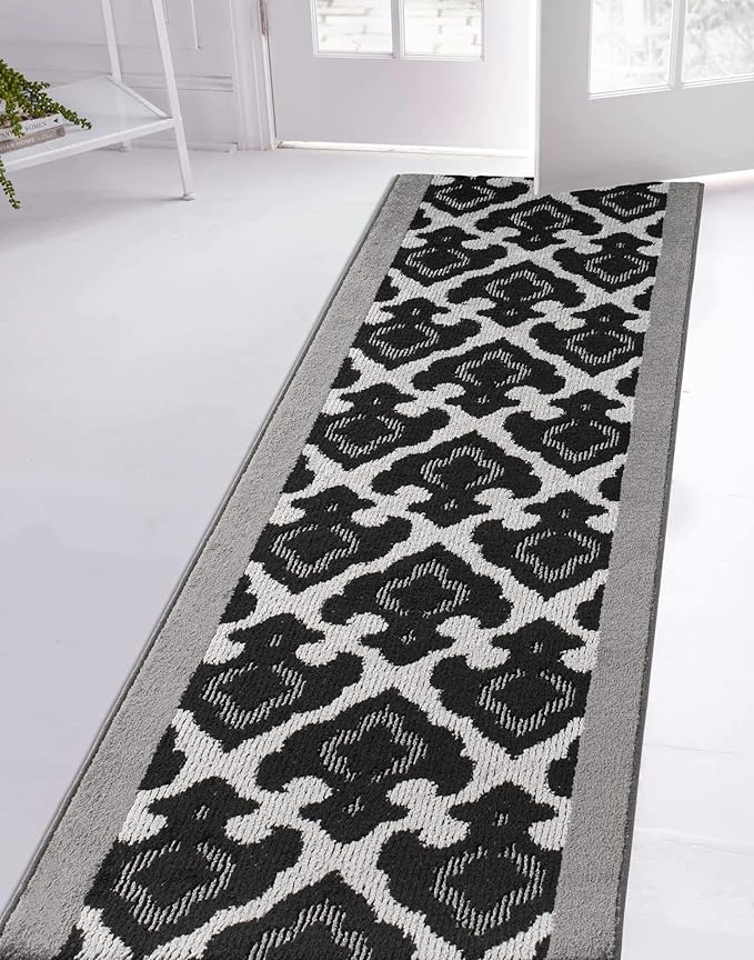 Custom Length Cut to Size Fleur de Lis Inspired Carpet Runner Rug for Hallways, Non Slip Rubber Backed, 31 inch Wide X Customized Length, Royal Grey, 31 inch X 14 feet