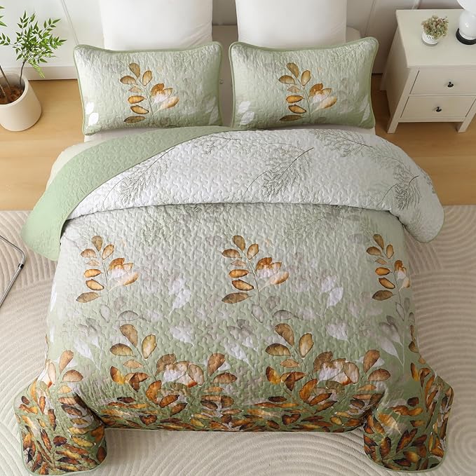 WONGS BEDDING Quilt Set King Size,3 Pieces Green-Brown Floral Bedspread Coverlet Set, Soft Microfiber Lightweight Floral Bedding Set King 104"×90"
