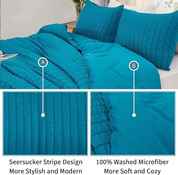 AveLom Teal Seersucker California King Comforter Set (104x96 inches), 3 Pieces-100% Soft Washed Microfiber Lightweight Comforter with 2 Pillowcases, All Season Down Alternative Bedding Set