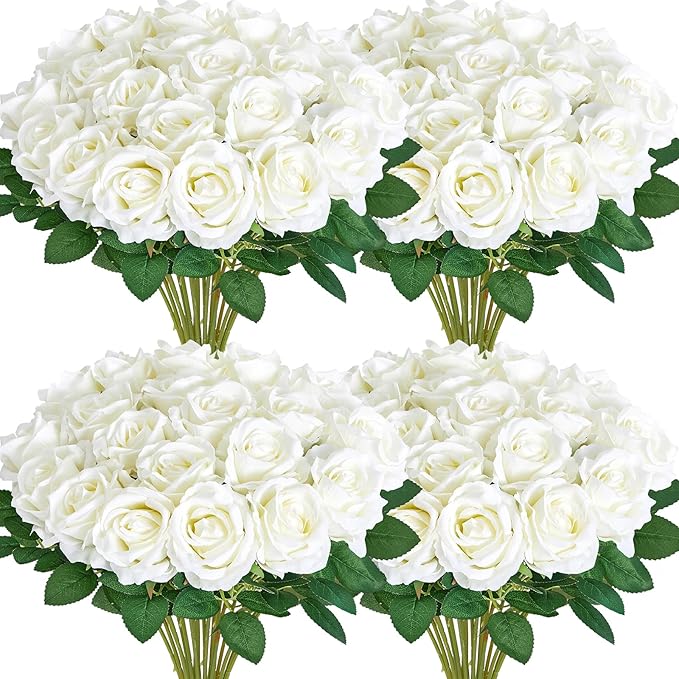 Serwalin 60 PCS White Artificial Roses in Bulk, 3.15'' Flower Head Fake Silk Roses Realistic Roses for Bridal Bouquet Wedding Centerpieces Flower Arrangement Party Home Decor