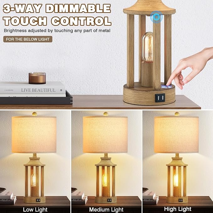 Touch Control Farmhouse Table Lamp Set of 2 with 2 USB Ports, 3 Way Dimmable Bedside Lamps with 2 LED Nightlight，Rustic Nightstand Lamps for Bedroom, Living Room Office (4 LED Bulbs Included)