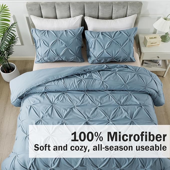Andency Queen Comforter Set Grayish Blue, 3 Pieces Pinch Pleat Bedding Comforters & Sets, Pintuck Lightweight Fluffy All Season Bed Set for Women Men Girls(90x90Inch)