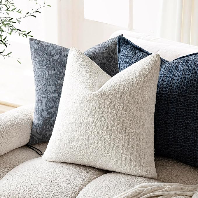 Foindtower Decorative Textured Boucle Throw Pillow Covers Accent Solid Pillow Cases Neutral Soft Cozy Couch Cushion Case for Chair Sofa Bedroom Living Room Home Decor 24 x 24 Inch,White