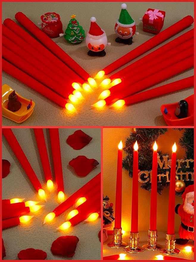 Funtery 48 Pcs Flameless LED Taper Candles 11 Inch Battery Operated Flickering Candles Bulk for Christmas Church Wedding Party (Red, Green, Classic Style)