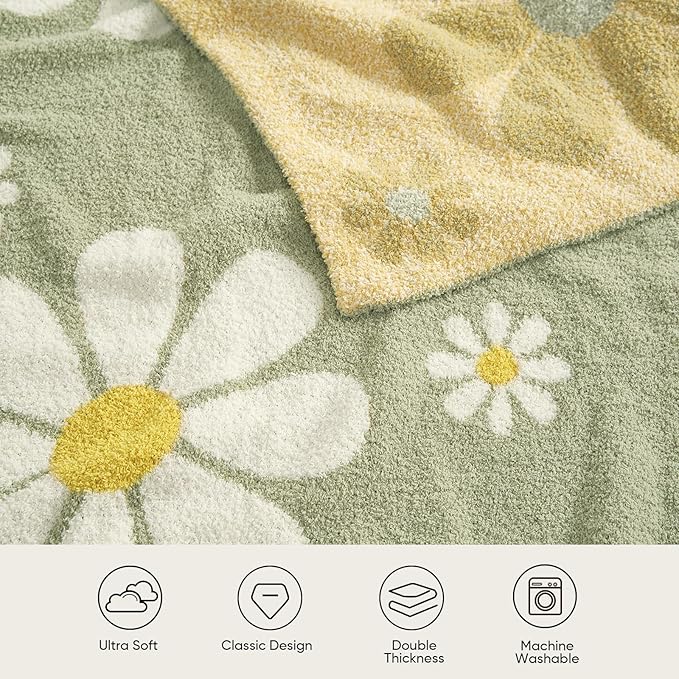 Snuggle Sac Sunflower Throw Blanket for Couch, Fuzzy Microfiber Floral Blankets, Cute Throws for Girls Daughter Gifts for Kid, Flower Sage Green, 50x60 inches
