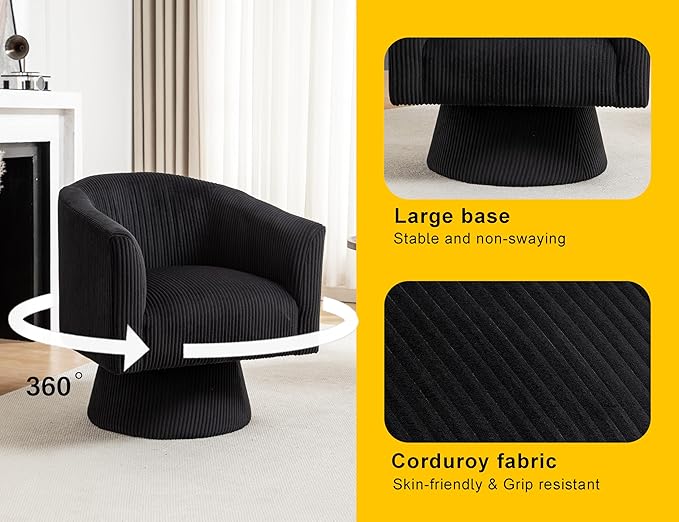 Swivel Accent Chair, Modern 360° Barrel Chair, Corduroy Upholstered Single Sofa for Living Room, Bedroom(Black)