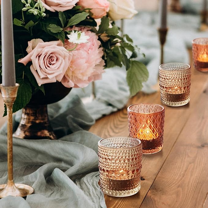 12 pcs Glass Votive Candle Holders, 6 Colors 3 Patterns Tealight Candle Holders for Fall Wedding Table Centerpiece Birthday Decoration