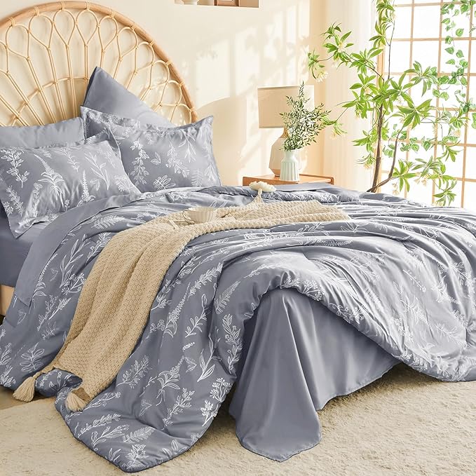 MUXHOMO Light Grey Full Comforter Set, Elegant Floral Print Bed in a Bag 7 Pieces, Ultra Soft & Breathable Reversible Botanical Pattern Bedding Set with Comforter, Sheets, Pillowcases, and Shams