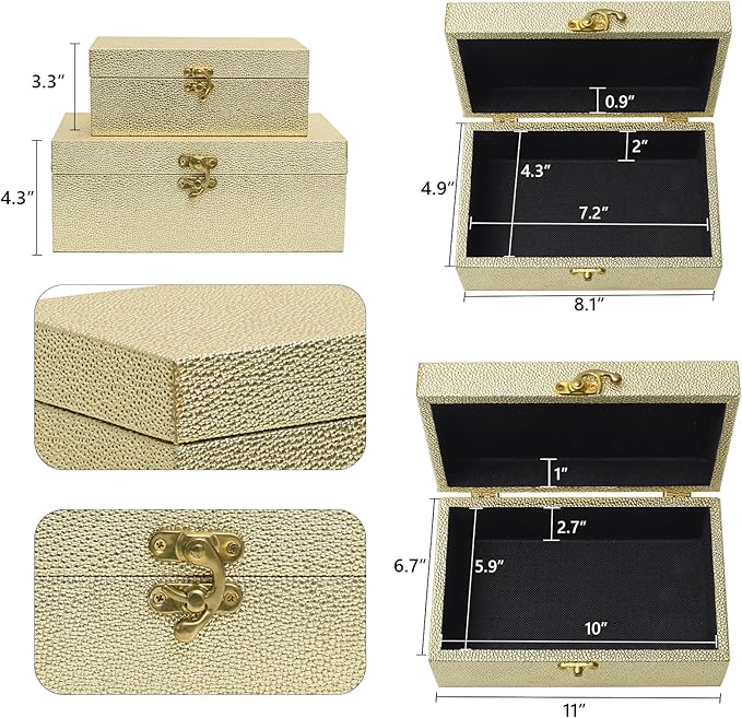 Faux Leather Decorative Storage Boxes Set of 2, Gold