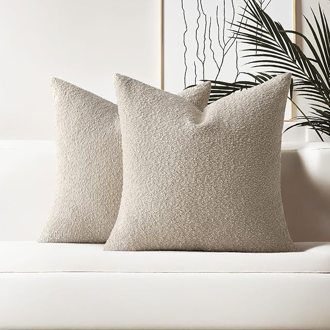 HAUSSY Set of 2 18x18 Decorative Throw Pillow Covers, Soft Cozy Textured Boucle Couch Cases, Home Decor for Couch Bed Living Room, Oatmeal