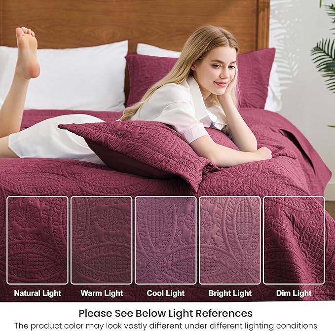 Love's cabin Twin Quilt Set Burgundy Bedspreads Bedding Set - Soft Bed Lightweight Bedspread Comforter - Modern Style Coin Pattern Coverlet for All Season - 2 Pieces (1 Quilt, 1 Pillow Sham)