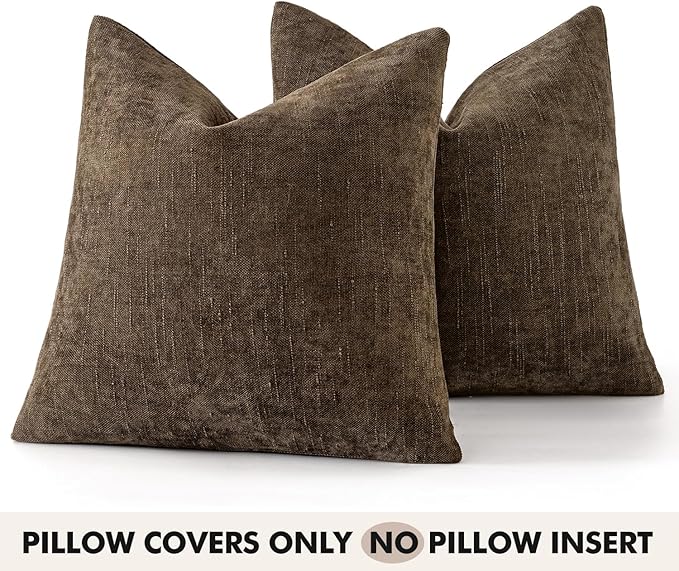 Woaboy Set of 2 Textured Throw Pillow Covers Decorative Soft Accent Square Chenille Pillowcases Neutral Farmhouse Modern Home Decor for Couch Sofa Bedroom Living Room 20x20 Inch,Brown Chocolate