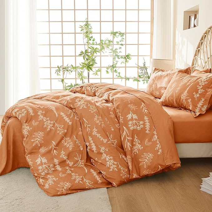 MUXHOMO Burnt Orange Full Comforter Set, Elegant Floral Print Bed in a Bag 7 Pieces, Ultra Soft & Breathable Reversible Botanical Pattern Bedding Set with Comforter, Sheets, Pillowcases, and Shams