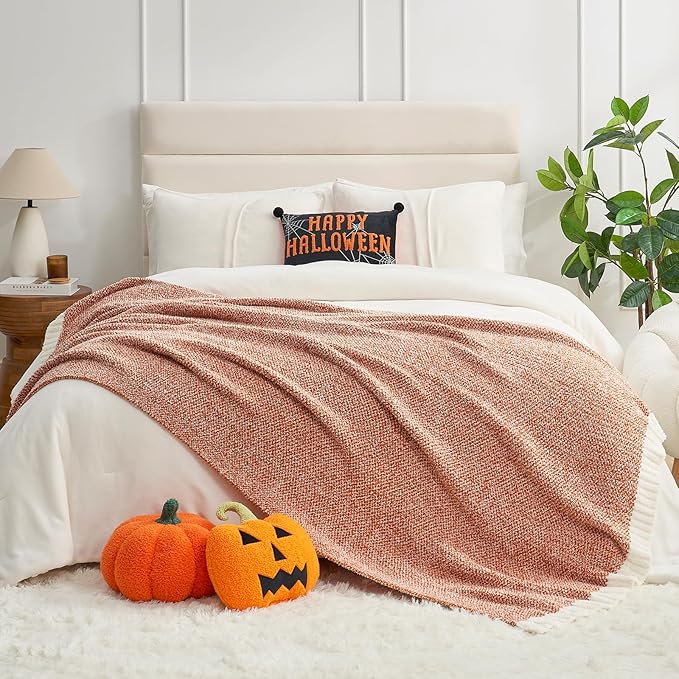Snuggle Sac Orange Fall Blanket Twin Size, Oversized Soft Warm Cozy Knit Bedding Blanket, Luxurious Microfiber Blankets for Bed, Orange, 60x80 inches