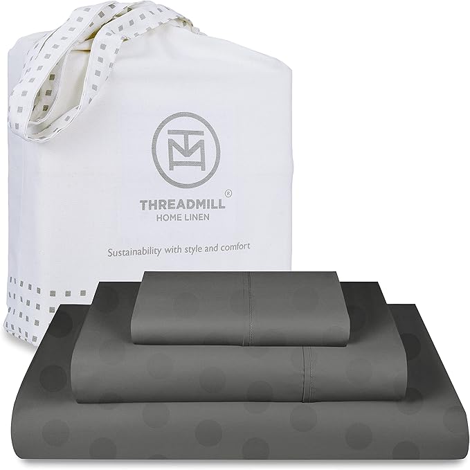Threadmill Cotton Twin XL Sheet Set | 100% Cotton Sheets for Twin XL Size Bed | Damask Jacquard Sateen Twin XL Bed Sheets Set with 16” Deep Pocket | Soft Breathable 3-Piece Cooling Sheets | Dark Grey