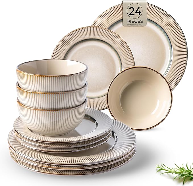 GBHOME Ceramic Dinnerware Sets, 24 Piece Embossed Elegant Stoneware Plates and Bowls Sets, Housewarming Wedding Gift | Dishwasher & Microwave Safe | Dishes Set Service for 8