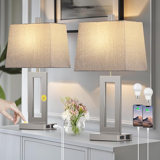Touch Control Table Lamp Set of 2, Modern Silver Bedside Lamps with USB C+A Ports & AC Outlet, 3 Way Dimmable Bedroom Lamps for Night Stands Bedroom Living Room,Nightstand Lamp