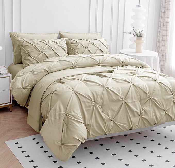 Lane Linen Queen Comforter Set with Sheets, 7 Piece Set, Pintuck Design, Soft Bedding, Bed Set - Linen