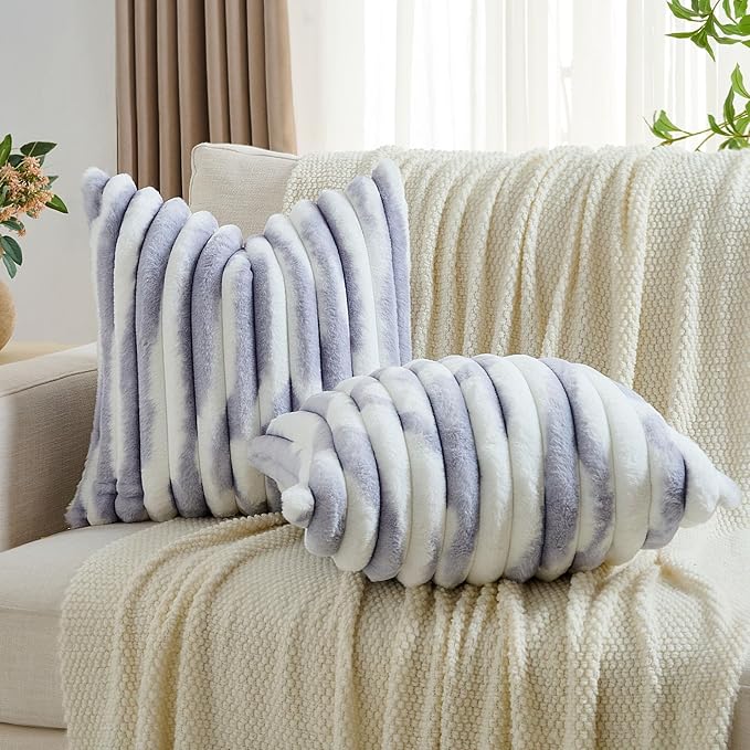 FUTEI Light Purple Decorative Throw Pillow Covers 18x18 Inch Set of 2, Soft Tie-Dye Faux Rabbit Fur Striped Texture Cushion Case, Modern Home Decor for Couch Bed Living Room