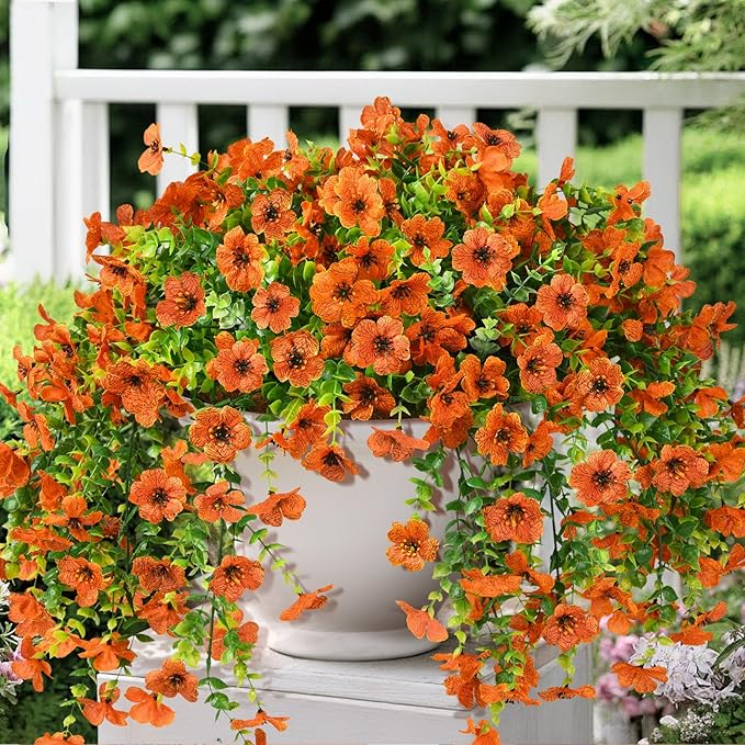Artificial Hanging Flowers Plants for Outdoor Fall Decoration, 2PCS Faux Silk Daisy UV Resistant Look Real for Outside Home Indoor Planter Porch Window Yard Autumn Decor(Orange)