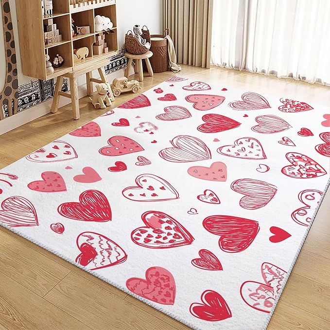 Washable Area Rug 3x5 ft Cartoon Hand-Painted Red Love Area Rug for Living Room, Soft Low Pile Rugs, Non-Slip Carpet, Home Decor Floor Rug for Bedroom Dining Room Kitchen