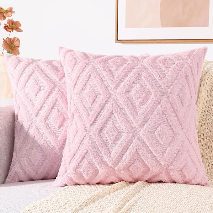decorUhome Couch Throw Pillow Covers 24x24 Set of 2, Decorative Soft Plush Faux Wool Neutral Accent Pillow Covers for Bed Sofa Living Room, Light Pink