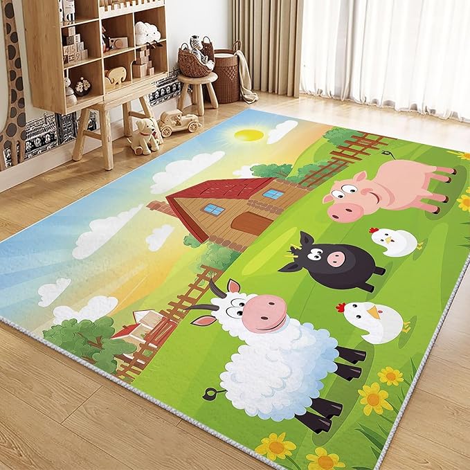 Area Rug for Living Room 6x9 ft Cartoon Farm Sheep Pig Machine Washable Non-Slip Rugs, Soft Accent Rugs, Lightweight Carpet, Foldable Easy Care, Stylish Indoor Area Rug