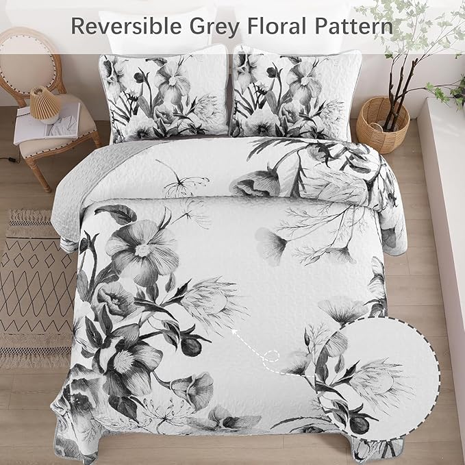 Floral Quilt Set California King 3 Pieces Grey Floral Quilt Coverlet Set Soft Microfiber Lightweight Purple Quilted Bedspread for All Season 106"x96"