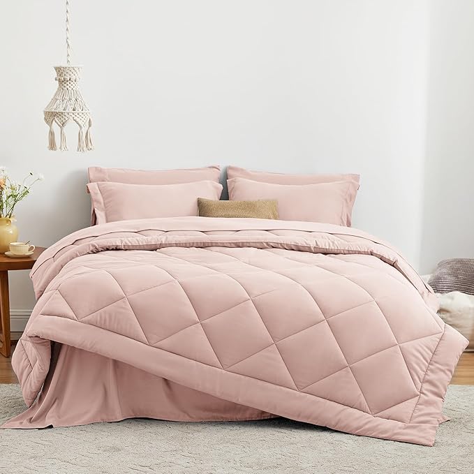 Love's cabin California King Comforter Set Pink, 7 Pieces California King Bed in a Bag, All Season Bedding Sets with 1 Comforter, 1 Flat Sheet, 1 Fitted Sheet, 2 Pillowcase and 2 Pillow Sham