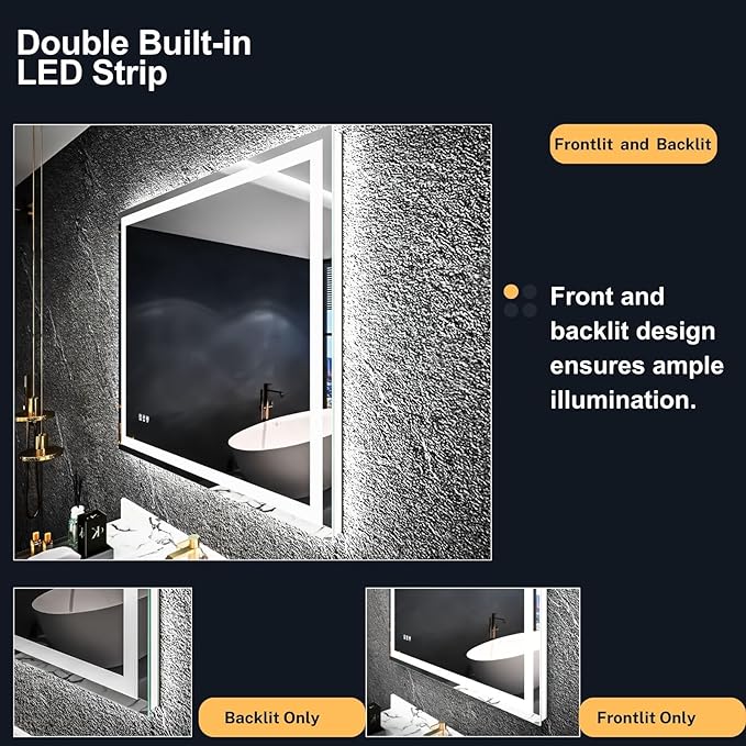 LED Bathroom Mirror 20"x 28", Front Lit and Backlit Mirror Bathroom with Lights,Stepless Dimmable,Anti-Fog, Shatter-Proof, Memory, 3 Colors Led Vanity Mirror (Horizontal/Vertical)