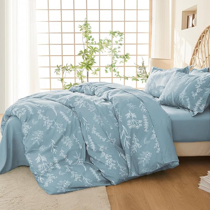 MUXHOMO Mineral Blue Twin Comforter Set, Elegant Floral Print Bed in a Bag 5 Pieces, Ultra Soft & Breathable Reversible Botanical Pattern Bedding Set with Comforter, Sheets, Pillowcase, and Sham