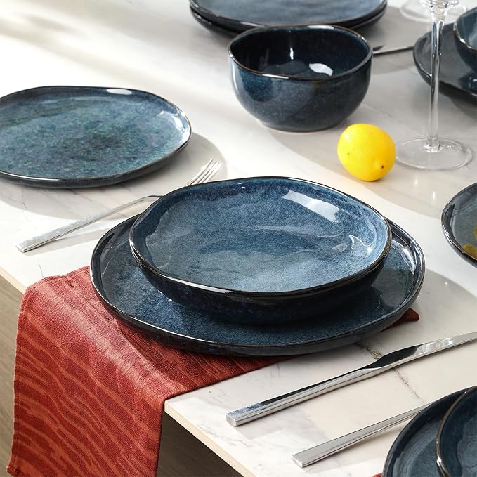 Stone Lain Mirella 4-Piece Pasta Bowl Set Stoneware, Microwave and Dishwasher safe, Blue