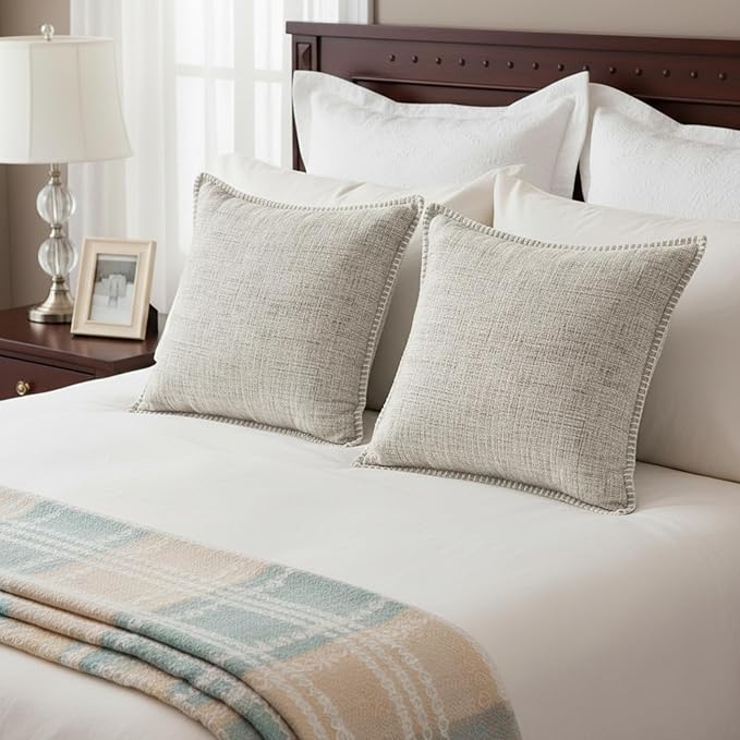 20x20 Stitched Edge Textured Chenille Throw Pillow Covers Cream White & Black Texture Set of 2 Soft Cushion Covers Modern Farmhouse Decorative Square Pillow Cases for Couch Sofa