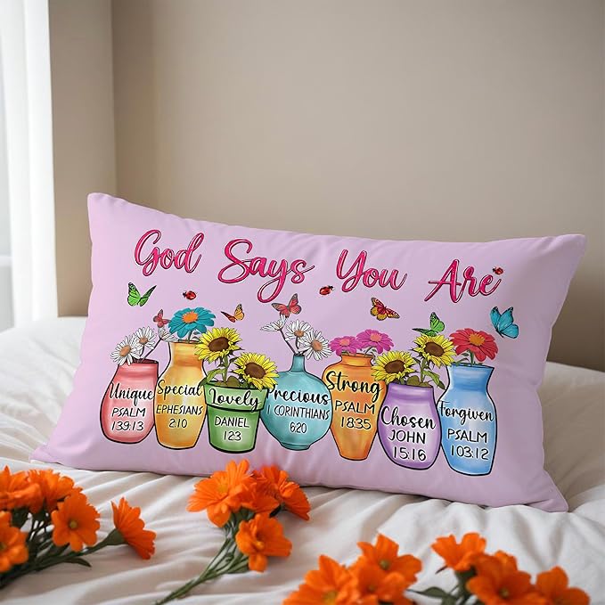 God Says You are Christian Floral Butterfly Pilow Covers 12x20, Christian Faith Based Gifts for Women, Inspirational Bible Verse Pillow Covers for Girls Room Dorm Apartment(Purple)