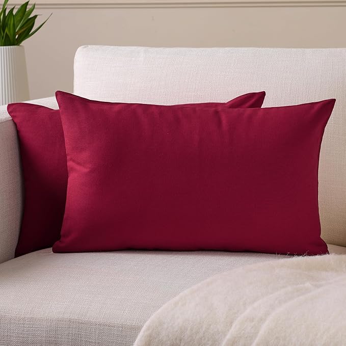 Encasa XO Throw Pillow Covers 12x20 in Set of 2 Rich Maroon | No Inserts | Cotton Pillow Covers for Living Room, Bed, Sofa, Couch | Decorative Cushion Covers with Improved Zippers