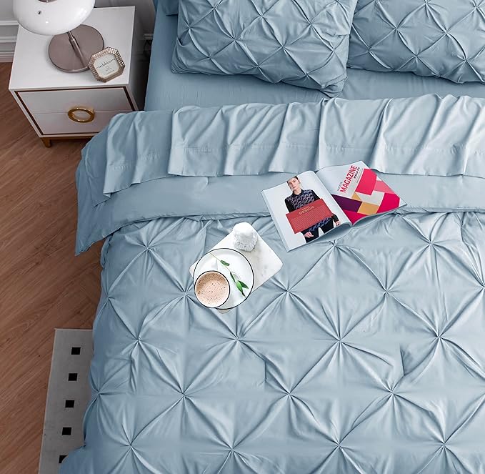 LANE LINEN Twin Comforter Set, 5 Piece Twin Bedding Sets for Boys, Pintuck Twin Size Bed Set, Pinch Pleated Twin Bed in a Bag Set, Twin Bed Comforter Set with Sheets, Pillowcase & Sham - French Blue
