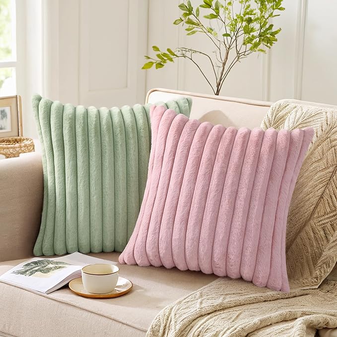 Pallene Faux Fur Plush Lumbar Throw Pillow Covers 12x20 Set of 2, Luxury Soft Fluffy Striped Decorative Pillow Covers for Sofa, Couch, Living Room, Blush Pink