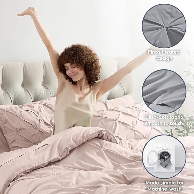 Nestl 7 Piece Comforter Set - Pinch Pleated Bedding Set in Blush Pink, All Season Full Size Bed Set With Sheets, Comforter, Pillowcases and Shams