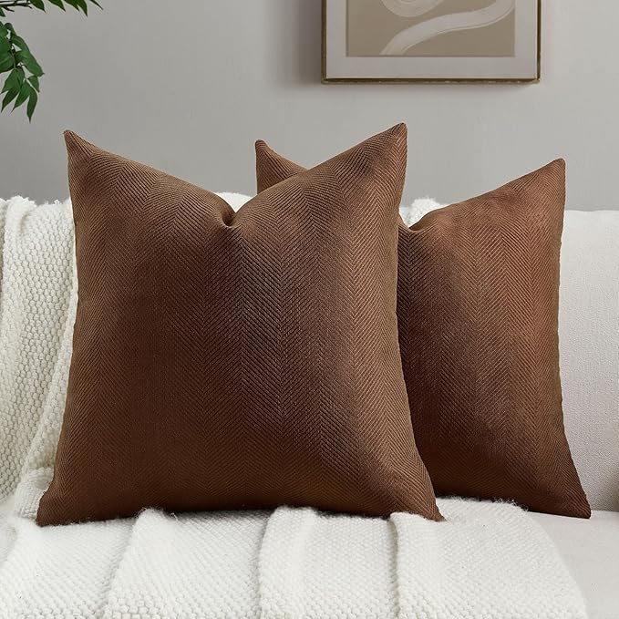 FUTEI Dark Brown Chenille Throw Pillow Covers 18x18 Inch Set of 2,Soft Wide Chevron Textured Cushion Case,Farmhouse Home Decor for Couch Living Room