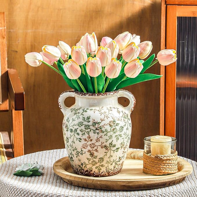 Enra Vintage vase,7.8 Inch Green and Beige Ceramic Decorative Flower vase, Chinoiserie Floral Vase,Large Rustic Vases for Home Decors, Living Room, Bookshelf, Office