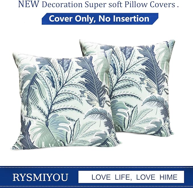 Decorative Throw Pillow Covers Set of 2 Blue Green Large Leaves Pillow Covers 20x20 inch Soft Short Plush Square Floral Throw Pillows,Farmhouse Outdoor Pillow Covers for Couch Living Room