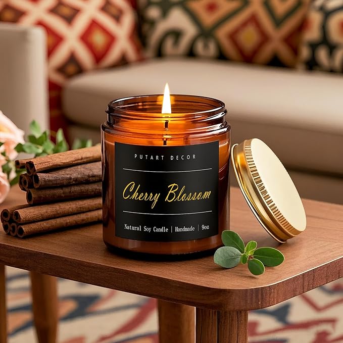 Cherry Blossom Highly Scented Candle for Home, 9oz Natural Soy Aromatherapy Non Toxic Candles with Essential Oil, Home Fragrance Stress Relief & Meditation Jar Candles Gifts for Women & Men