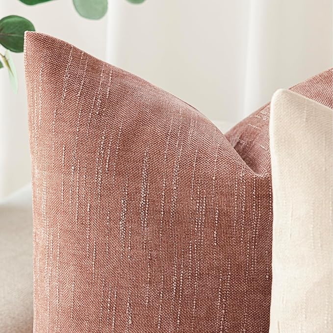 Foindtower Pack of 2 Textured Chenille Throw Decorative Pillow Covers Square Accent Solid Cushion Cover Neutral Farmhouse Pillow Case for Couch Sofa Bedroom Living Room 26x26 Inch,Dusty Pink