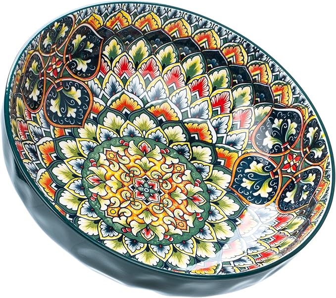 Large Serving Bowls, 75 Oz Fruit Salad Bowls, Bohemian Style Large Porcelain Dishes for Entertaining Parties,Big Bowls for Eating Soup, Salad, Pasta, Fruit, Chips, 10.3 Inch Diameter (green)