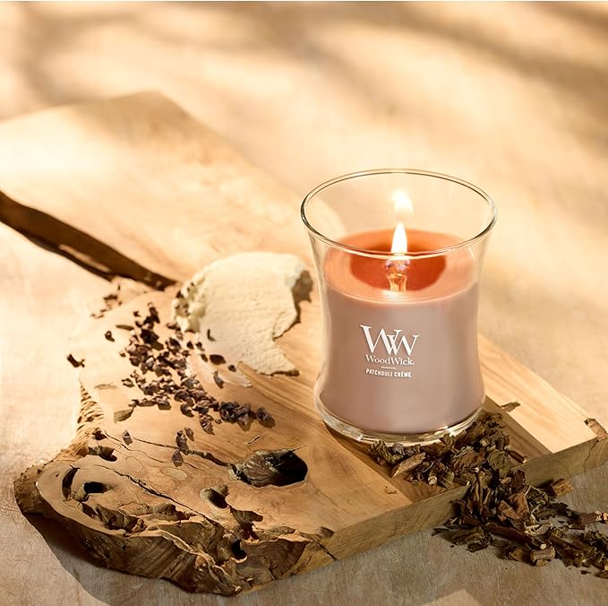 WoodWick Patchouli Crème Medium Hourglass Candle, Crackles as it Burns, Up to 65 hrs Burn time, Perfect for Gifting, 9.7 oz