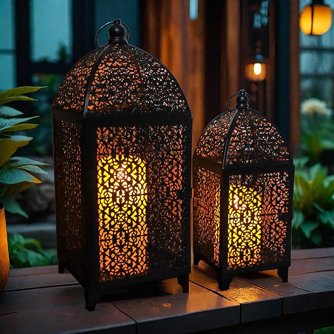 TRIROCKS Set of 2 Vintage Decorative Candle Lantern 12''&16.5'' High Metal Candle Holder Hanging Lantern with Hollow Pattern for Living Room Garden Parties Events Indoors Outdoors(Black)