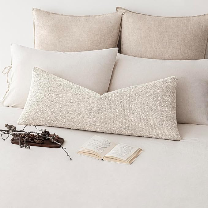 Foindtower Decorative Textured Boucle Throw Pillow Covers Accent Solid Pillow Cases Neutral Long Body Lumbar Couch Cushion Case for Chair Sofa Bedroom Living Room Home Decor 14x36 Inch,1PC,Light Beige