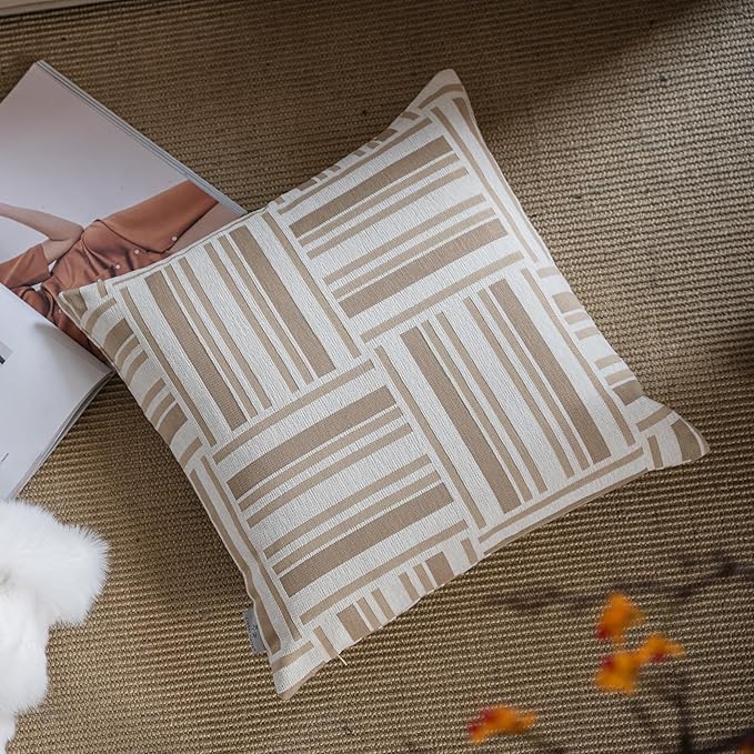 Premium Throw Pillow Covers 18x18 Inches - Oatmeal Mosaic Block Grid Chenille Jacquard Embroidery Decorative Couch Pillow Covers for Living Room Bedroom Sofa Home Décor