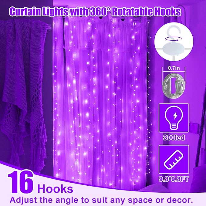 Purple Curtain Light for Bedroom, 300 LED 9.8ft x 9.8ft Window Fairy Curtain String Light with 16 Hooks, 8 Models Remote Control for Wedding Party Home Garden Indoor Decorations